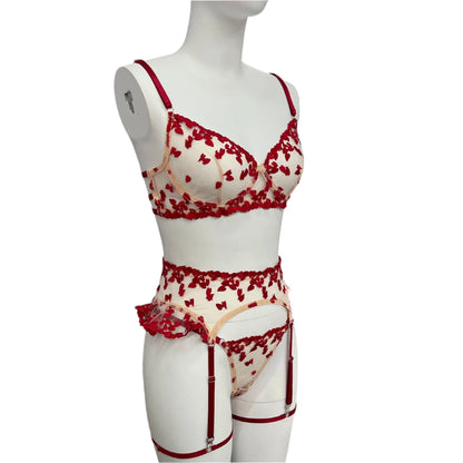4 Piece Lace and Embroidery Lingerie Set with Ruffles