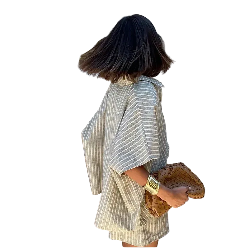 Striped Casual Set with Button-Down Short-Sleeve Lapel Shirt and Wide-Leg Shorts