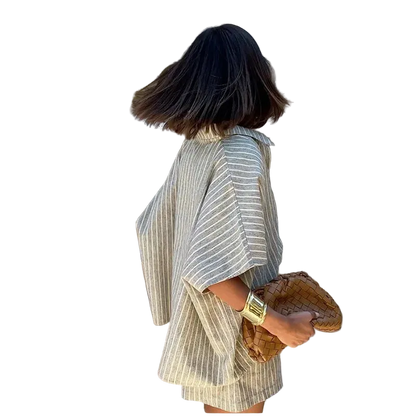 Striped Casual Set with Button-Down Short-Sleeve Lapel Shirt and Wide-Leg Shorts