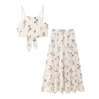 Summer outfit with sleeveless printed crop top and skirt and A-line skirt with drawstring 