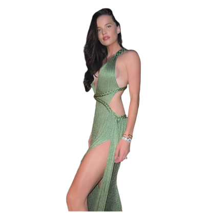 Boho Chic V-neck knitted long beach dress with fitted waist and side slit