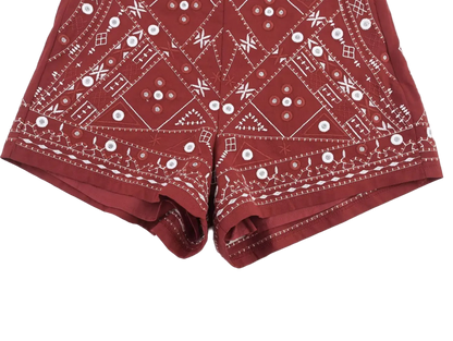 Boho Chic Outfit Set of Red Embroidered Sleeveless Vest and Wide Leg Shorts