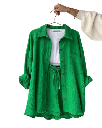 Outfit Conjunto de Camisa manga larga con solapa y short de tiro alto con cordón