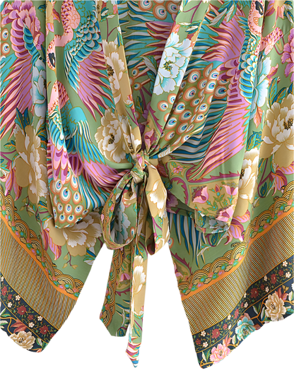 Outfit Boho chic 2-piece set with floral print short kimono and wide-leg pants