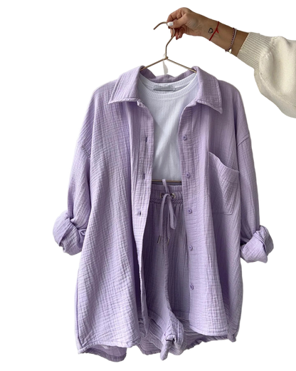 Outfit Conjunto de Camisa manga larga con solapa y short de tiro alto con cordón