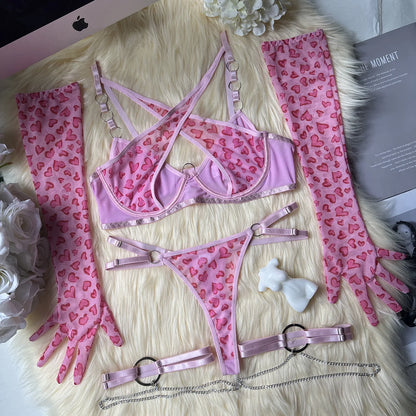 Leopard Print Push Up Bra Lingerie Set, Sheer Lace Trim, Includes Gloves and Stockings 