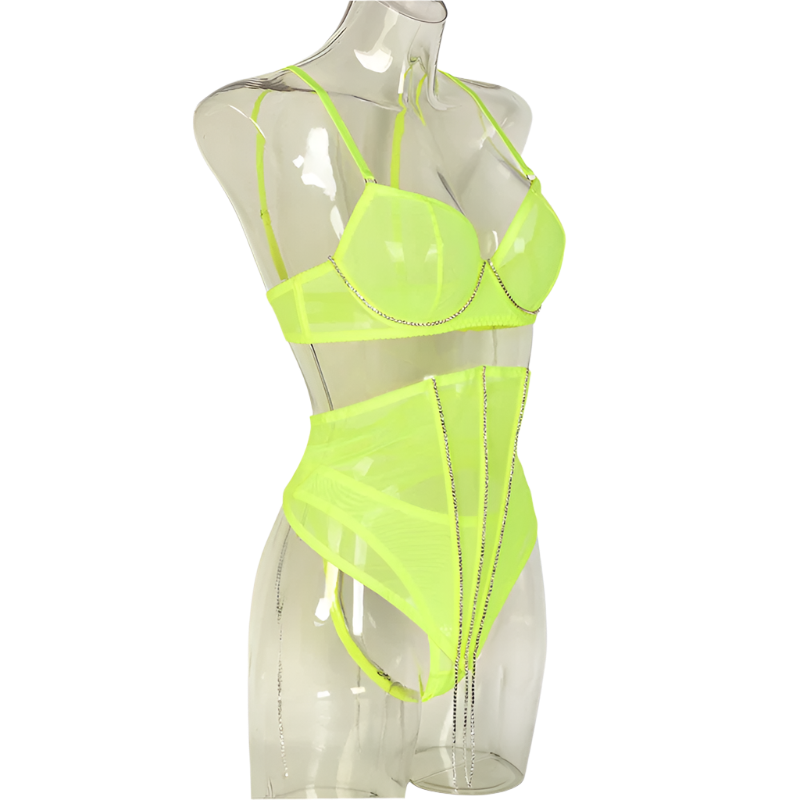 Set Conjunto de lencería con pedrería y Encaje transparente y cinturilla