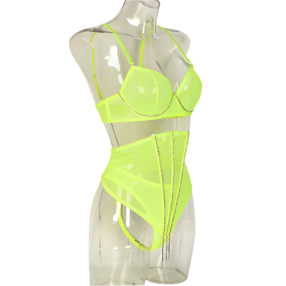 Set Conjunto de lencería con pedrería y Encaje transparente y cinturilla