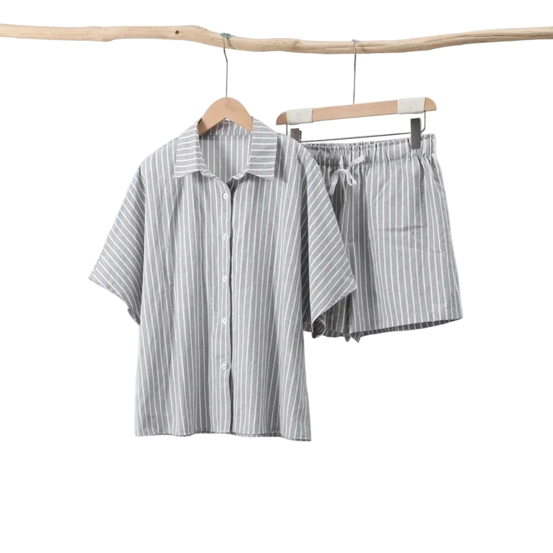 Striped Casual Set with Button-Down Short-Sleeve Lapel Shirt and Wide-Leg Shorts
