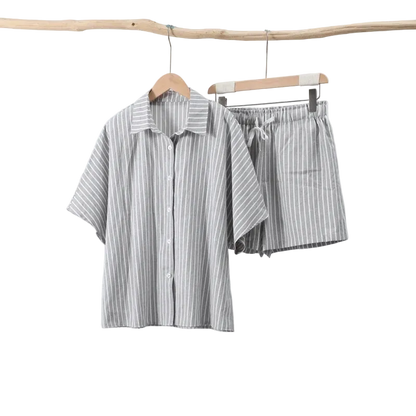 Striped Casual Set with Button-Down Short-Sleeve Lapel Shirt and Wide-Leg Shorts