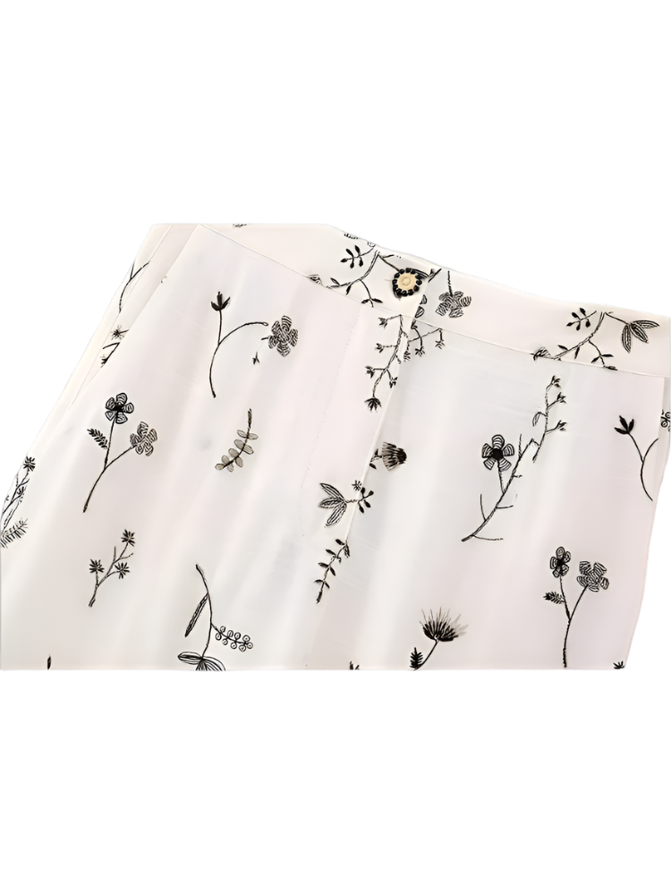 Summer outfit with sleeveless printed crop top and skirt and A-line skirt with drawstring 