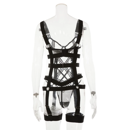 Conjunto Set de Lencería Coqueta 2 piezas con diseño de tiras de estilo jumpsuit ajustado en elástico