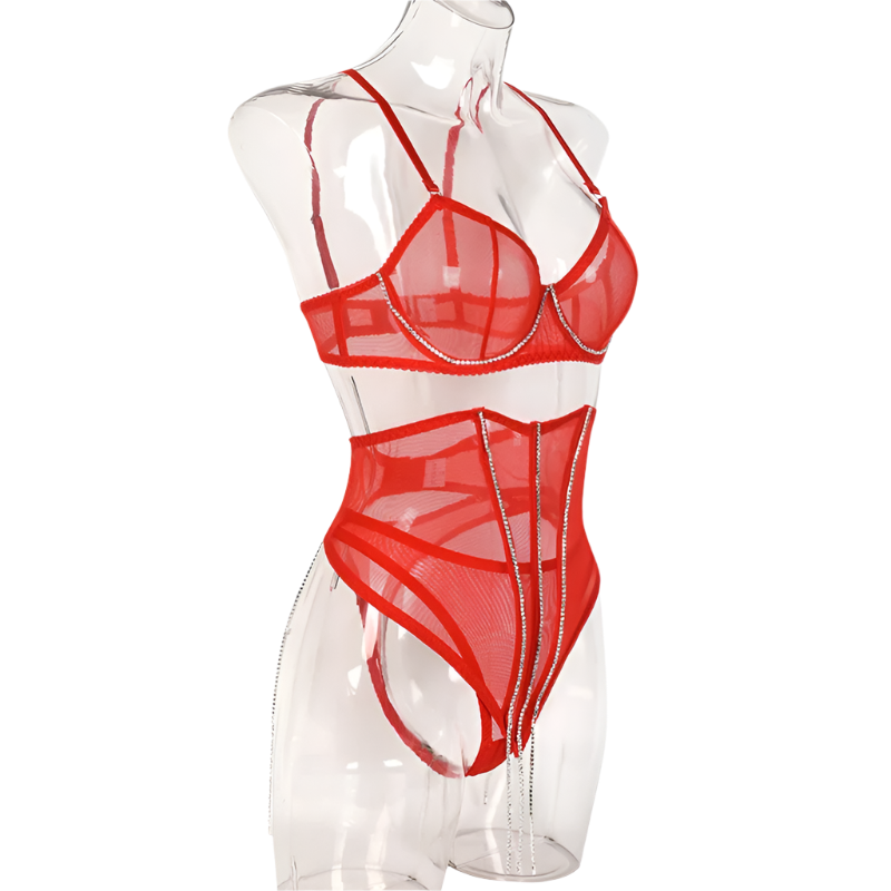 Set Conjunto de lencería con pedrería y Encaje transparente y cinturilla