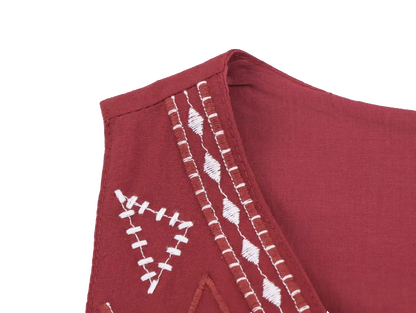 Boho Chic Outfit Set of Red Embroidered Sleeveless Vest and Wide Leg Shorts