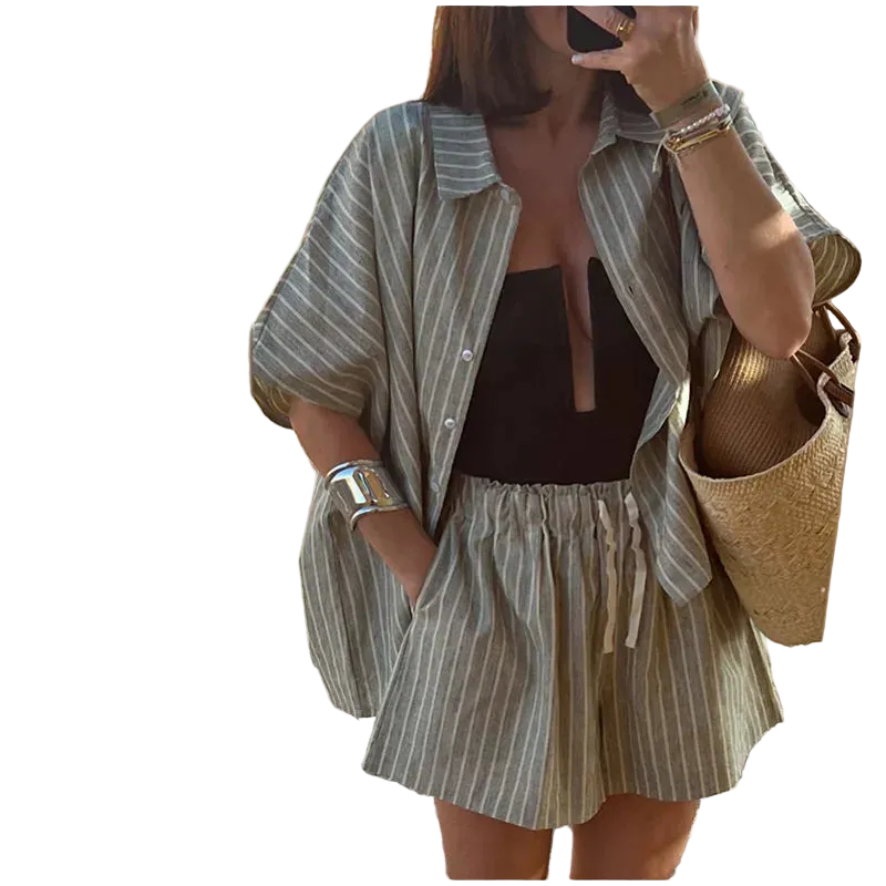 Striped Casual Set with Button-Down Short-Sleeve Lapel Shirt and Wide-Leg Shorts