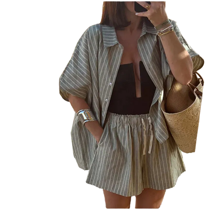Striped Casual Set with Button-Down Short-Sleeve Lapel Shirt and Wide-Leg Shorts