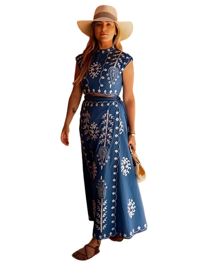 Outfit Conjunto bohemio vintage de 2 piezas con top corto bordado con hombreras y falda con cordones y estampado floral