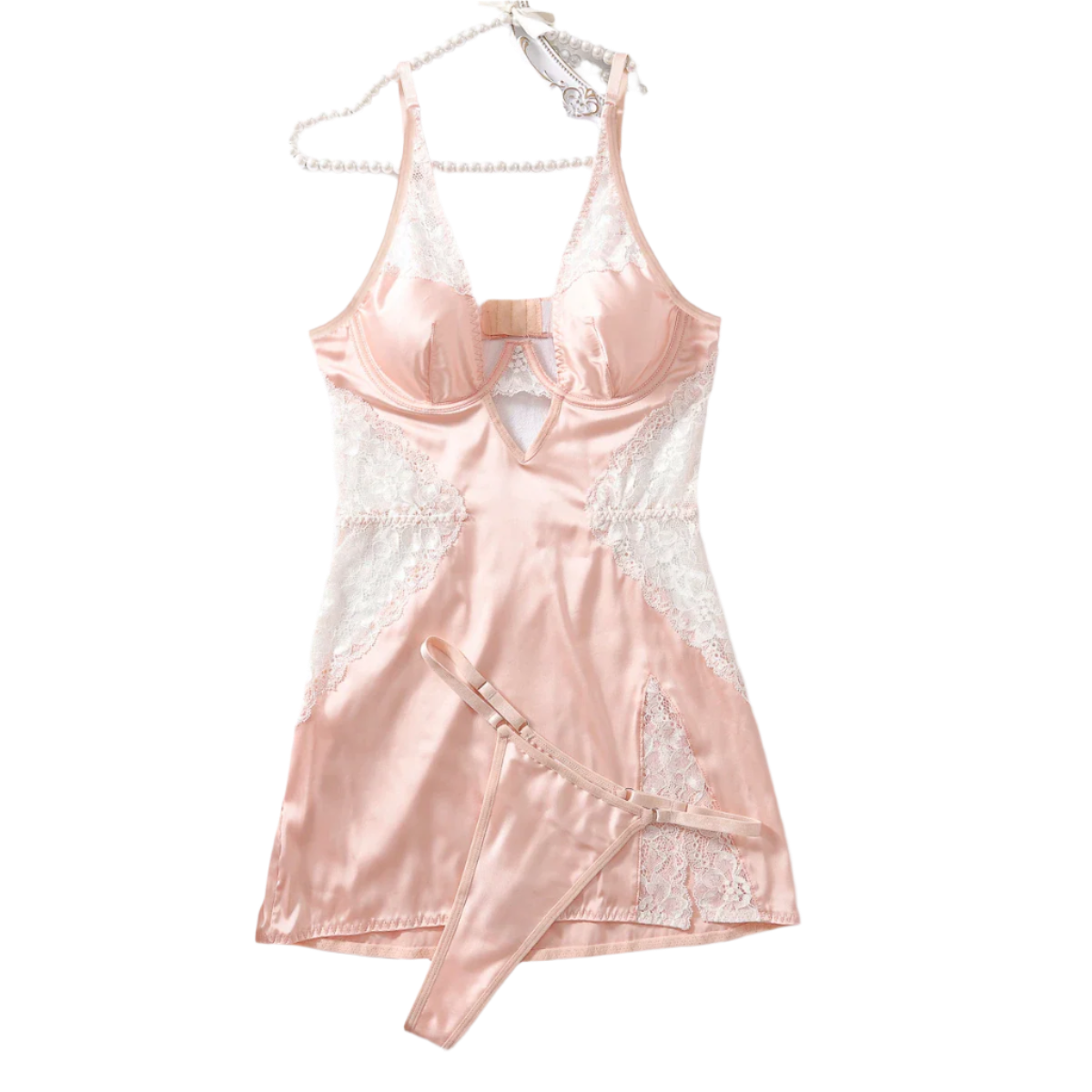 Lingerie Nightgown Deep V-neck satin dress with decorative lace and side slit