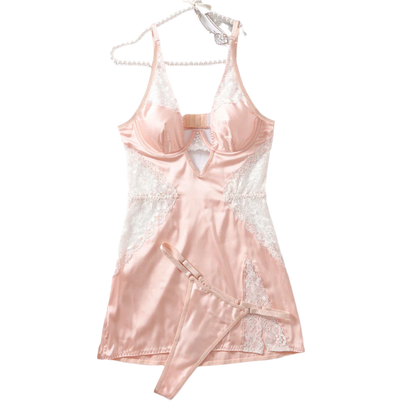 Lingerie Nightgown Deep V-neck satin dress with decorative lace and side slit