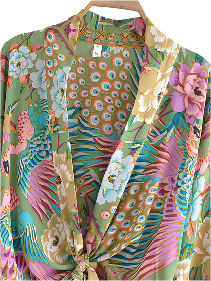 Outfit Boho chic 2-piece set with floral print short kimono and wide-leg pants