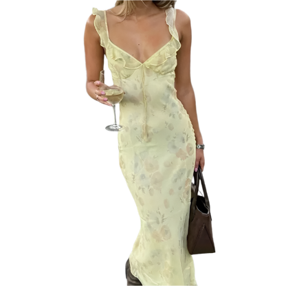 Women's Casual Dress with Floral Print, Backless, and V-Neckline 
