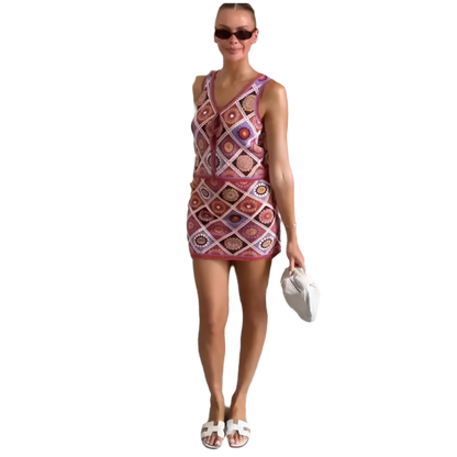 Women's 2-piece bohemian set with V-neck strap top and high-waisted colorful knitted mini skirt