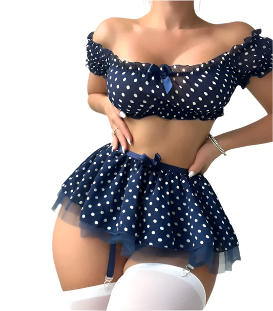 5-Piece Lingerie Set with Off-Shoulder Top, Skirt, T-string and Stockings