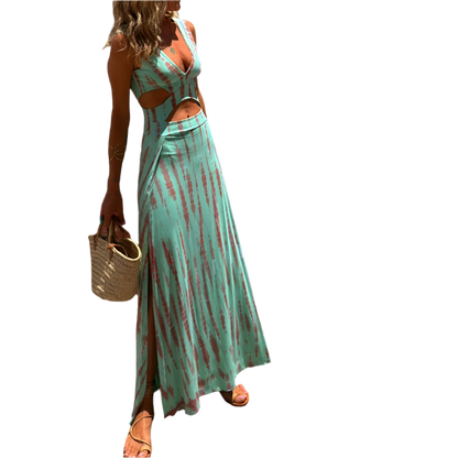 Vestido de verano con escote en V y estampado de corte entallado y abertura lateral de estilo casual