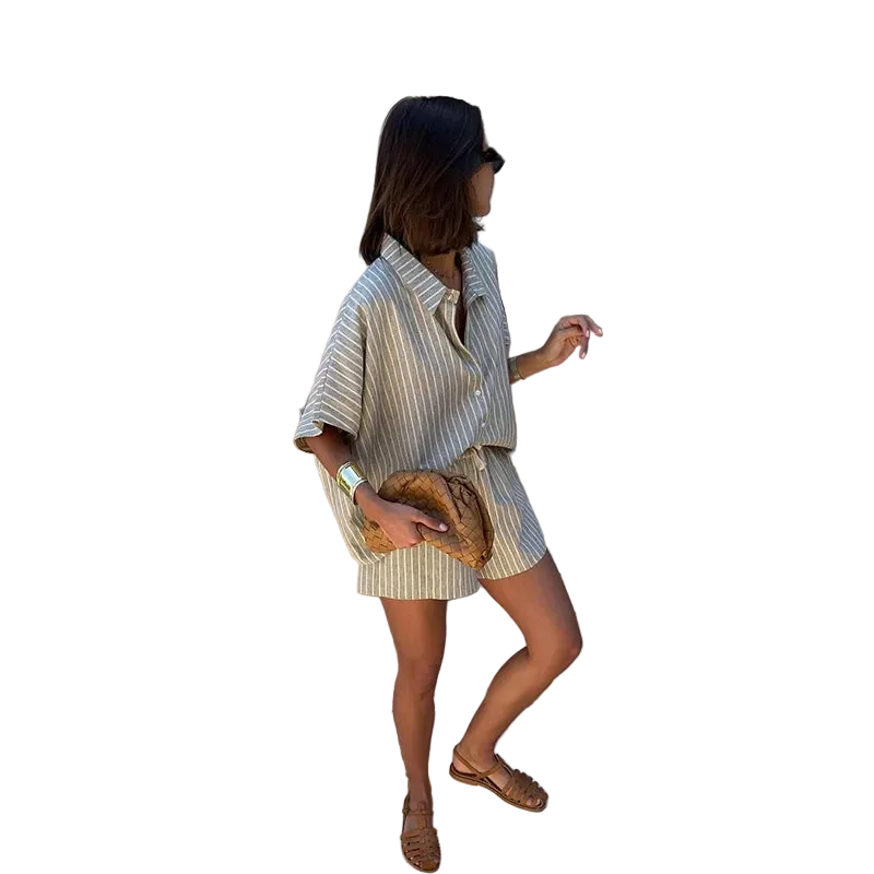 Striped Casual Set with Button-Down Short-Sleeve Lapel Shirt and Wide-Leg Shorts