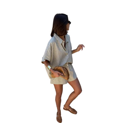 Striped Casual Set with Button-Down Short-Sleeve Lapel Shirt and Wide-Leg Shorts