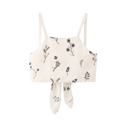 Summer outfit with sleeveless printed crop top and skirt and A-line skirt with drawstring 