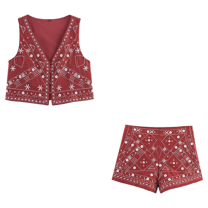 Boho Chic Outfit Set of Red Embroidered Sleeveless Vest and Wide Leg Shorts