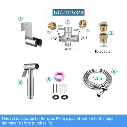 Handheld bidet sprayer made of stainless steel with a 3-way valve (G1/2" – 3/8") for toilet cleaning and personal hygiene.