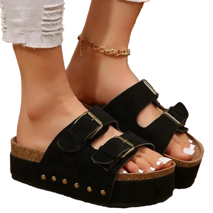 Sandalias Planas Bohemias de Punta Abierta al Estilo Romano y Suela Gruesa