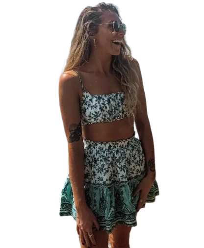Boho Chic Outfit Set of Green Sleeveless Top with Floral Print and Mini Skirt with High Elastic Waist