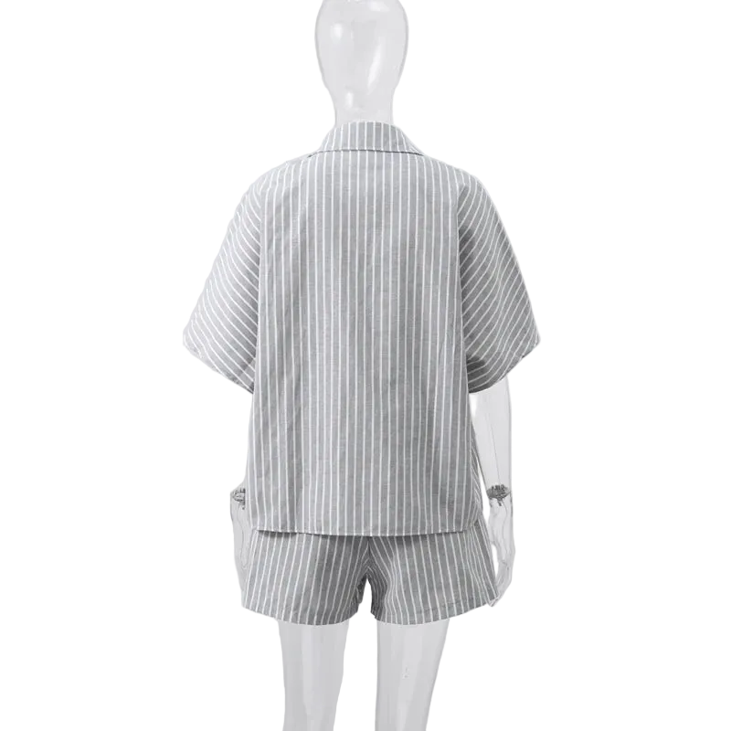 Striped Casual Set with Button-Down Short-Sleeve Lapel Shirt and Wide-Leg Shorts