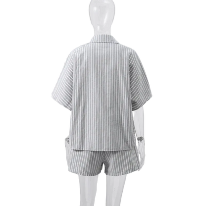 Striped Casual Set with Button-Down Short-Sleeve Lapel Shirt and Wide-Leg Shorts