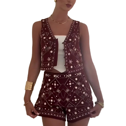 Boho Chic Outfit Set of Red Embroidered Sleeveless Vest and Wide Leg Shorts