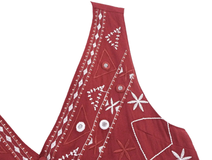 Boho Chic Outfit Set of Red Embroidered Sleeveless Vest and Wide Leg Shorts