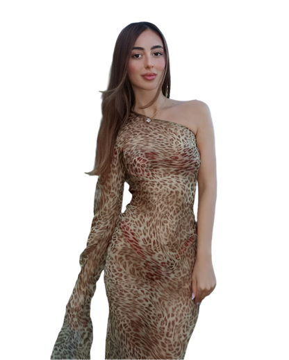 Vestido Largo de Un Solo Hombro con Estampado de Leopardo y Espalda Descubierta