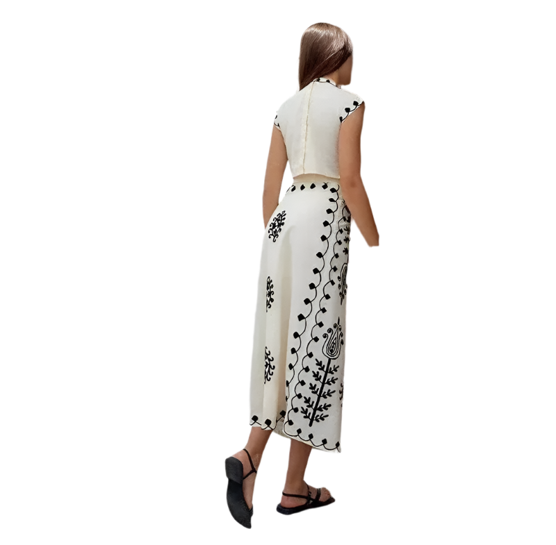Outfit Conjunto bohemio vintage de 2 piezas con top corto bordado con hombreras y falda con cordones y estampado floral