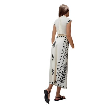 Outfit Conjunto bohemio vintage de 2 piezas con top corto bordado con hombreras y falda con cordones y estampado floral