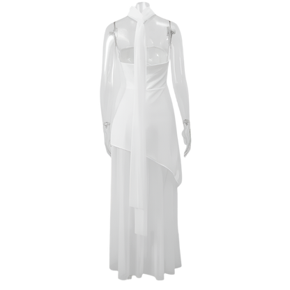 Women's Elegant Strapless Mesh Bow Patchwork Long Dress 