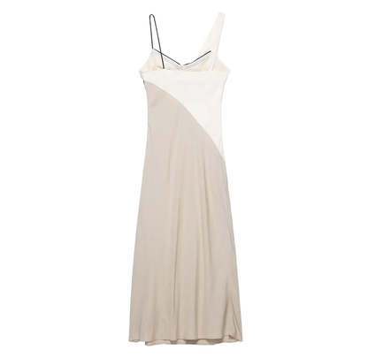 Elegant sleeveless midi dress with draped neck straps in patchwork design