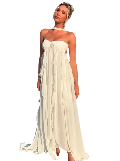 Vestido Blanco Asimétrico de Malla sin Tirantes con Volantes y Flecos