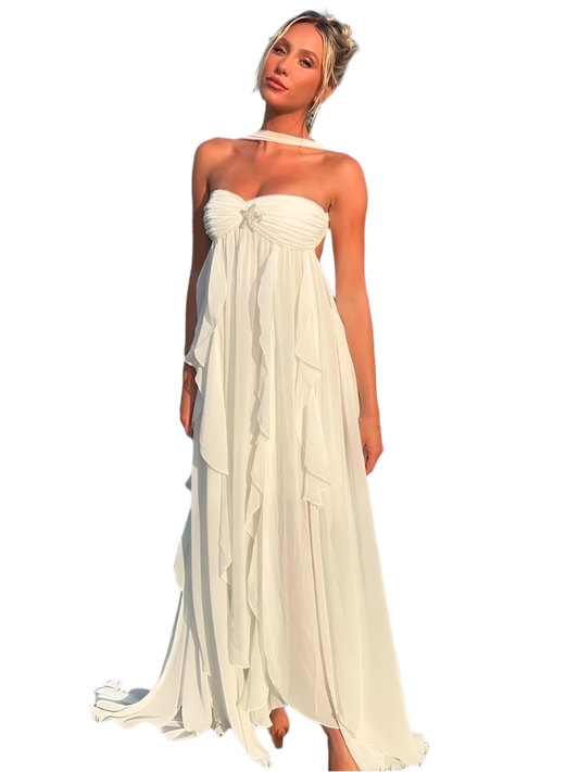 Vestido Blanco Asimétrico de Malla sin Tirantes con Volantes y Flecos