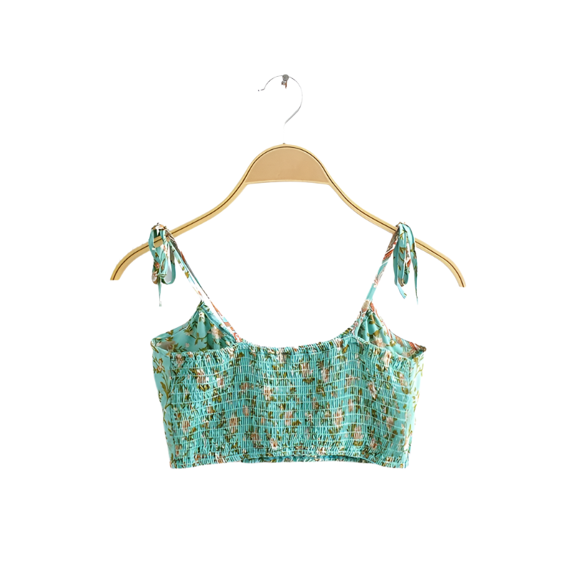Boho Chic Outfit Set of Green Sleeveless Top with Floral Print and Mini Skirt with High Elastic Waist
