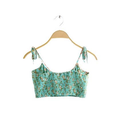 Boho Chic Outfit Set of Green Sleeveless Top with Floral Print and Mini Skirt with High Elastic Waist
