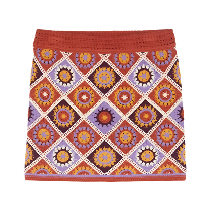 Women's 2-piece bohemian set with V-neck strap top and high-waisted colorful knitted mini skirt