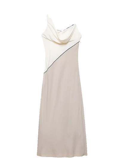 Elegant sleeveless midi dress with draped neck straps in patchwork design